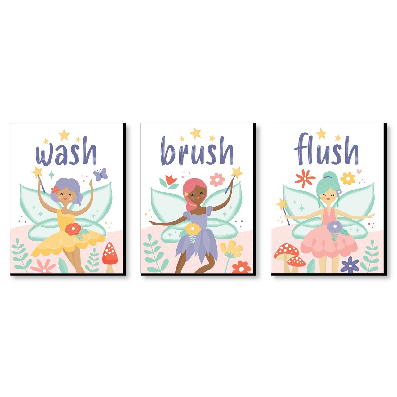 Big Dot of Happiness Let's Be Fairies - Fairy Garden Kids Bathroom Rules Wall Art - 7.5 x 10 inches - Set of 3 Signs - Wash, Brush, Flush
